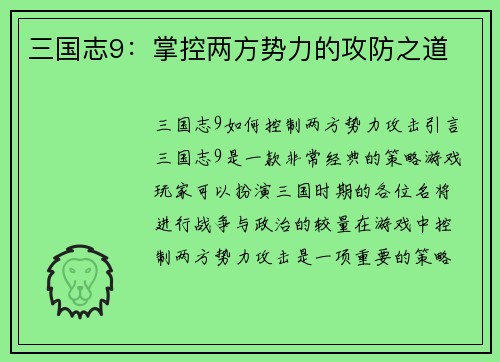 三国志9：掌控两方势力的攻防之道